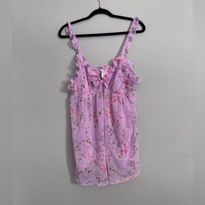 Pink Floral Pink Sleeveless Tank Top Sheer Lingerie Size L Babydoll Top